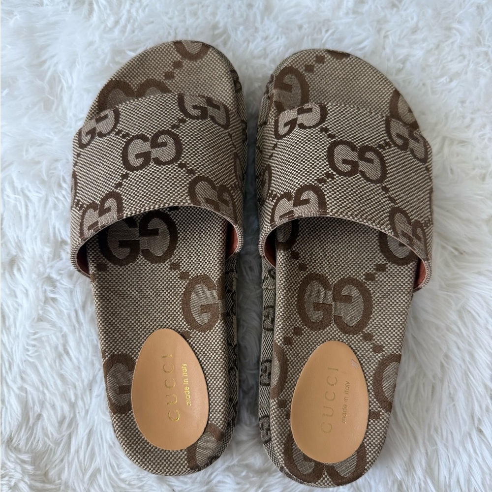 Gucci Beige and Brown GG Pattern Slides